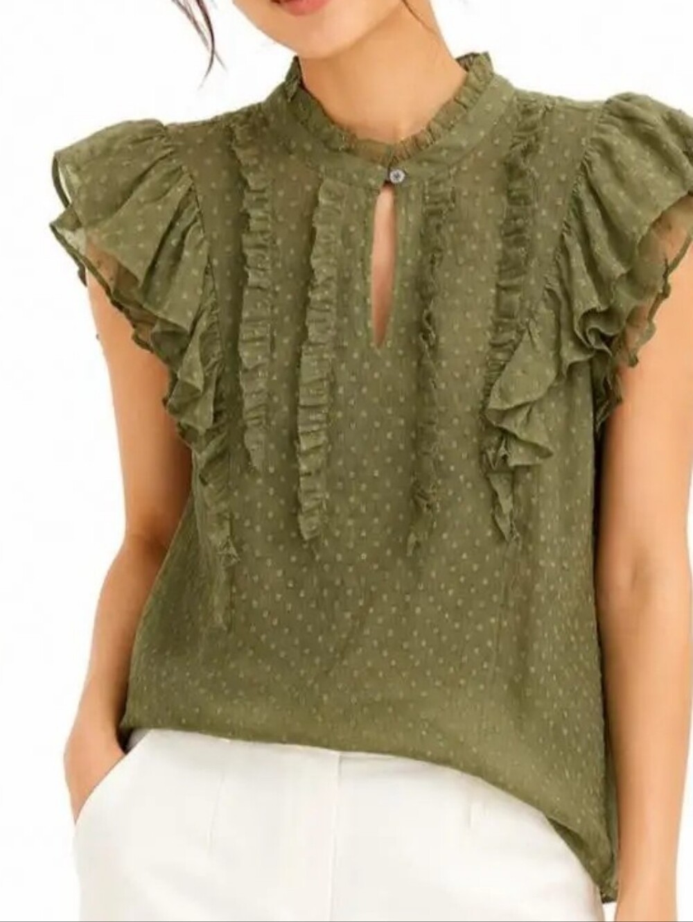 LOFT Flutter-Sleeve OLIVE Color Key Hole Slip On Top XXS